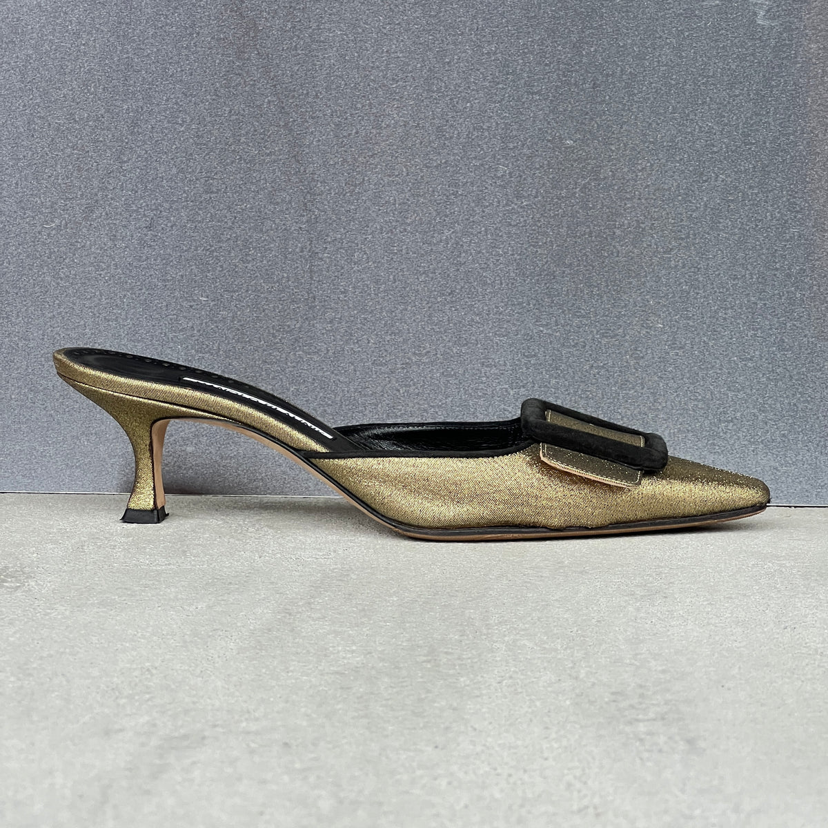Manolo Blahnik | Maysale Metallic Gold Black Buckle Pointed Toe Slide Mules (38)