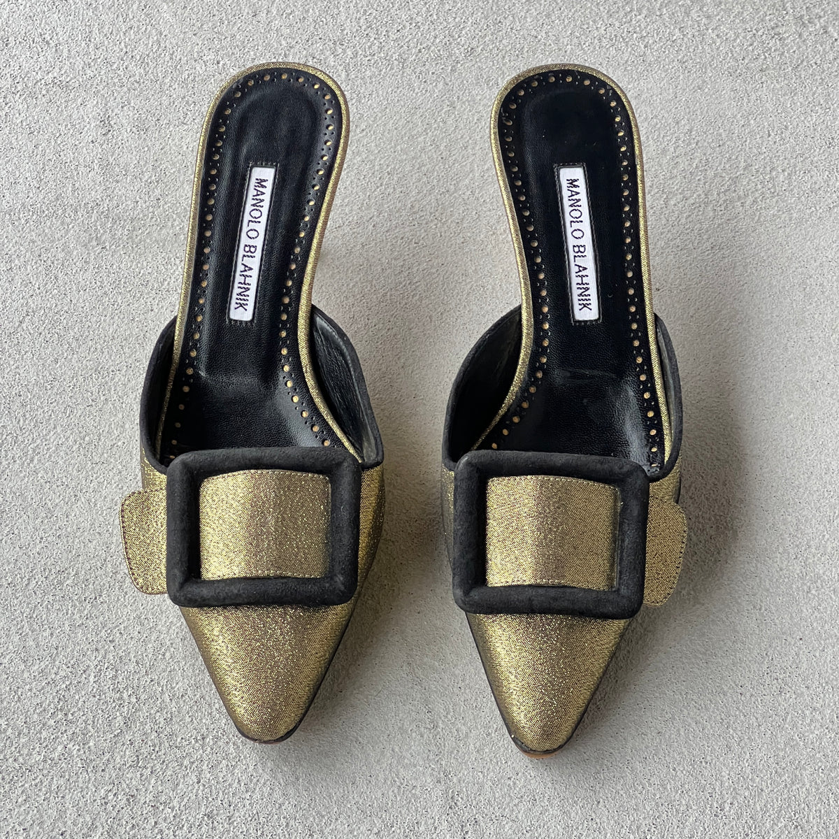 Manolo Blahnik | Maysale Metallic Gold Black Buckle Pointed Toe Slide Mules (38)