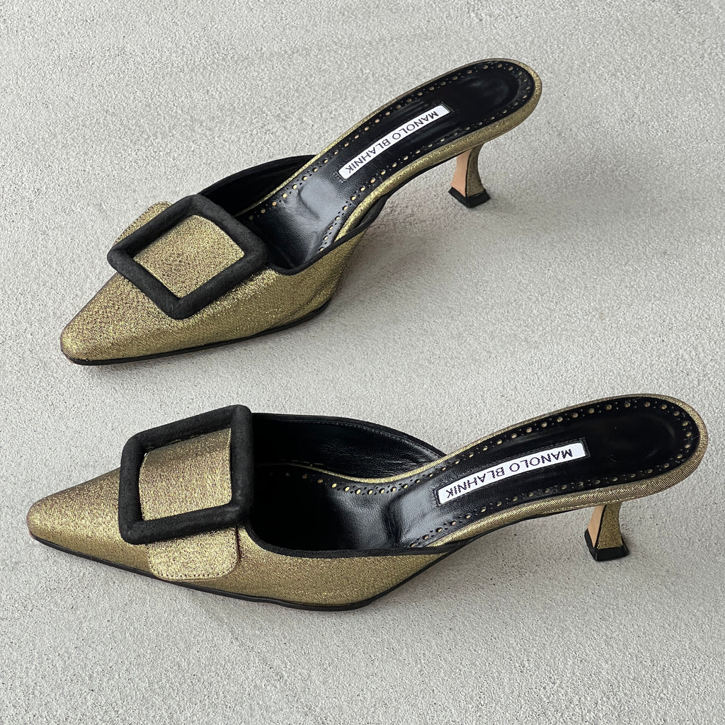 Manolo Blahnik | Maysale Metallic Gold Black Buckle Pointed Toe Slide Mules (38)