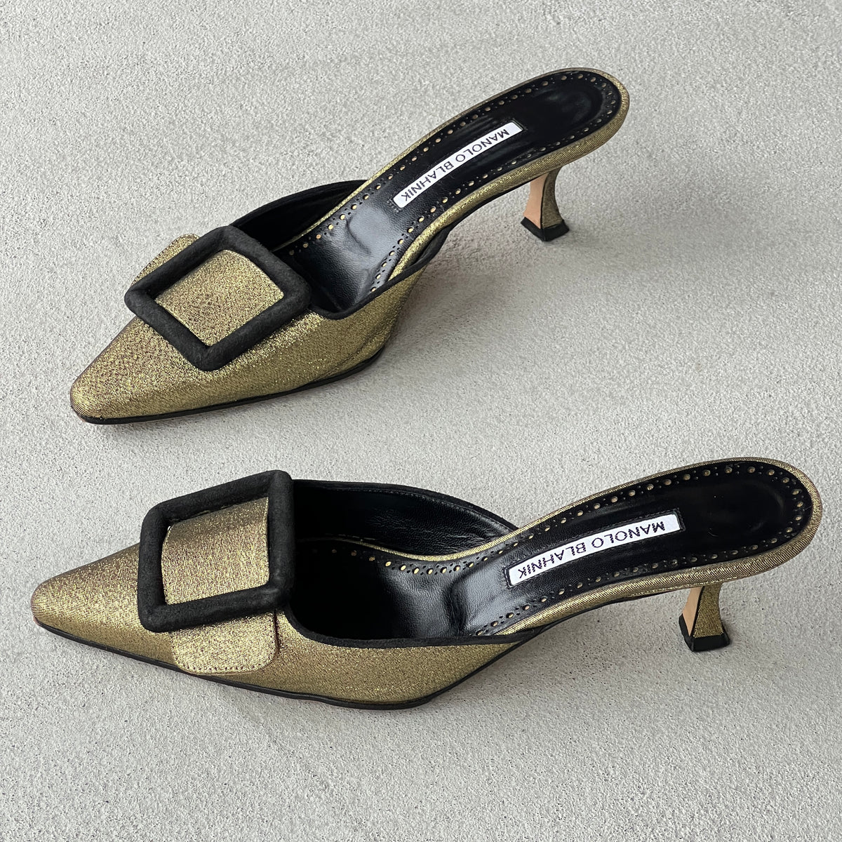 Manolo Blahnik | Maysale Metallic Gold Black Buckle Pointed Toe Slide Mules (38)