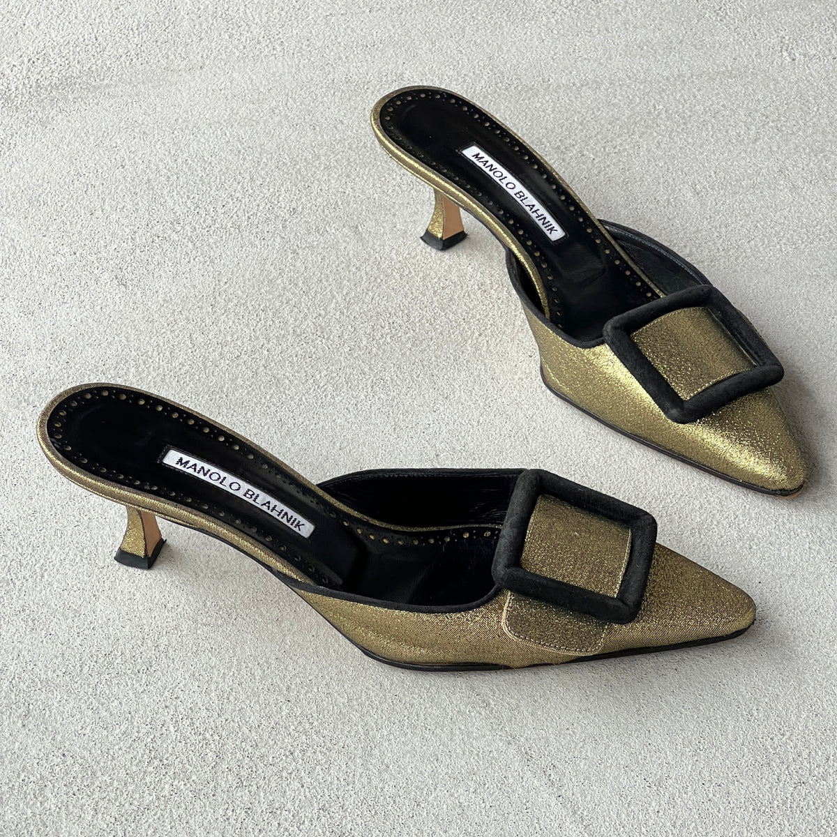 Manolo Blahnik | Maysale Metallic Gold Black Buckle Pointed Toe Slide Mules (38)