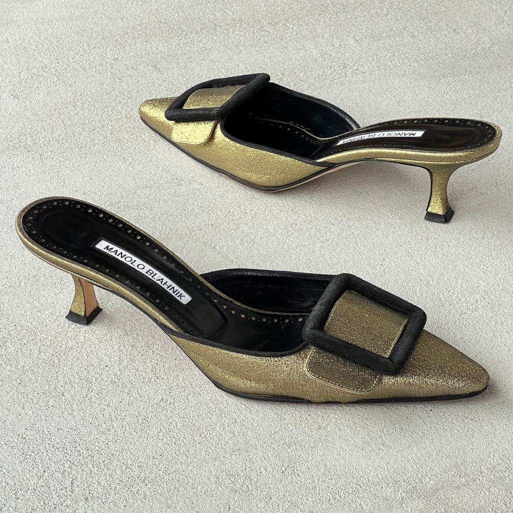 Manolo Blahnik | Maysale Metallic Gold Black Buckle Pointed Toe Slide Mules (38)
