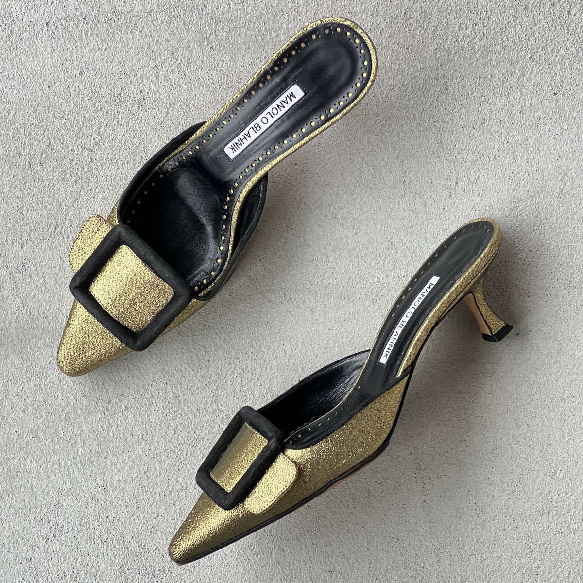 Manolo Blahnik | Maysale Metallic Gold Black Buckle Pointed Toe Slide Mules (38)
