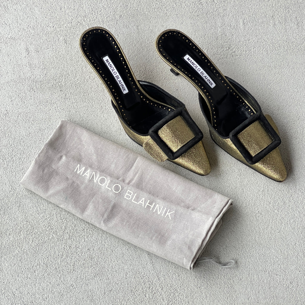 Manolo Blahnik | Maysale Metallic Gold Black Buckle Pointed Toe Slide Mules (38)