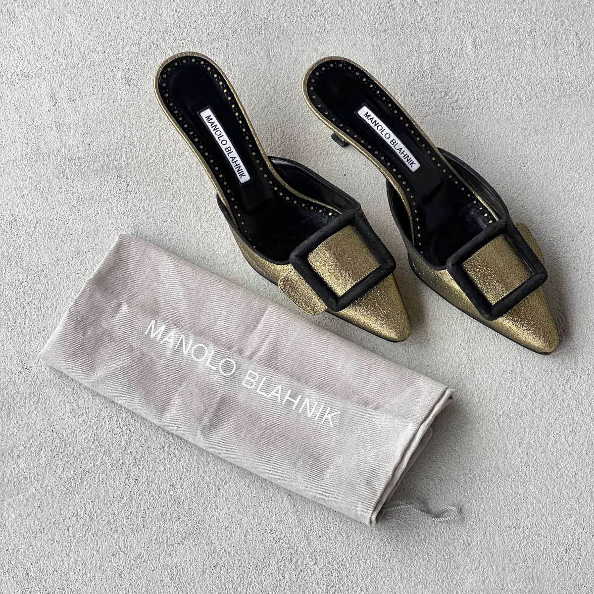 Manolo Blahnik | Maysale Metallic Gold Black Buckle Pointed Toe Slide Mules (38)