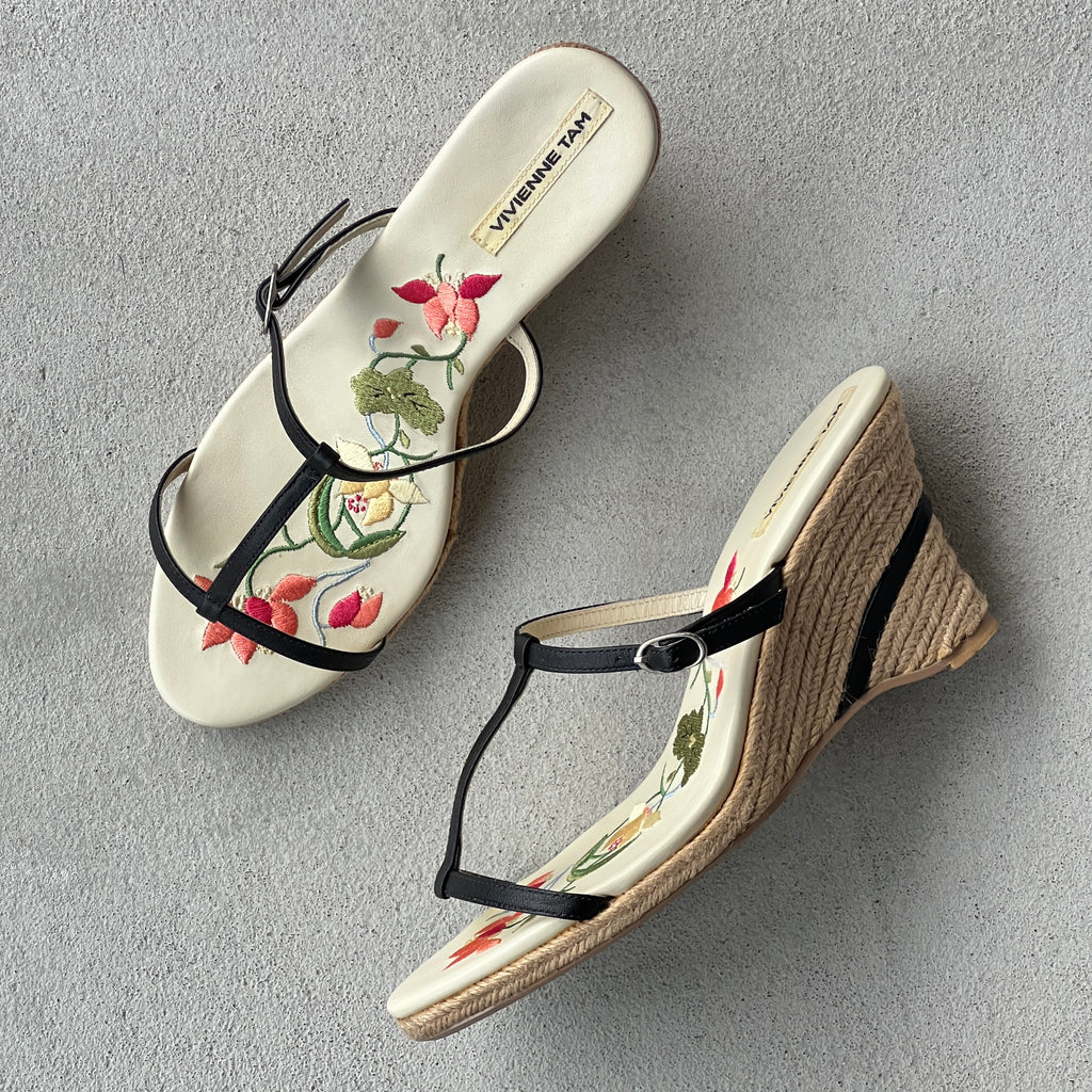 Vivienne Tam | Vintage Floral Embroidery Black Leather Burlap Wedge Heels (38)