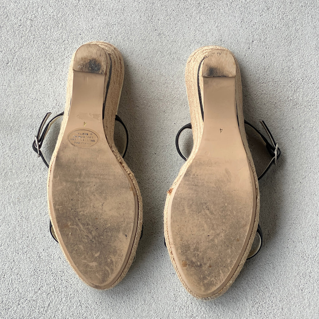 Vivienne Tam | Vintage Floral Embroidery Black Leather Burlap Wedge Heels (38)