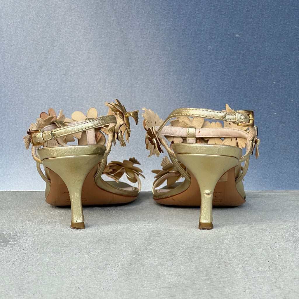 Prada | 2007 Silk Garden Archival Gold Metallic Leather Flower Applique Sandal Heels (35.5)