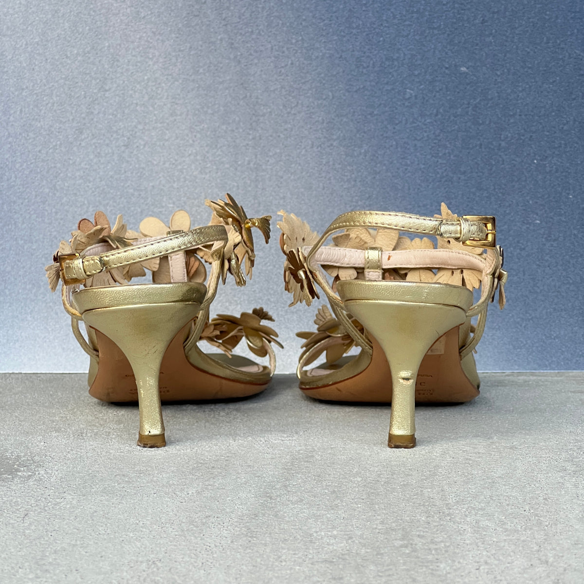 Prada | 2007 Silk Garden Archival Gold Metallic Leather Flower Applique Sandal Heels (35.5)