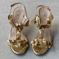 Prada | 2007 Silk Garden Archival Gold Metallic Leather Flower Applique Sandal Heels (35.5)