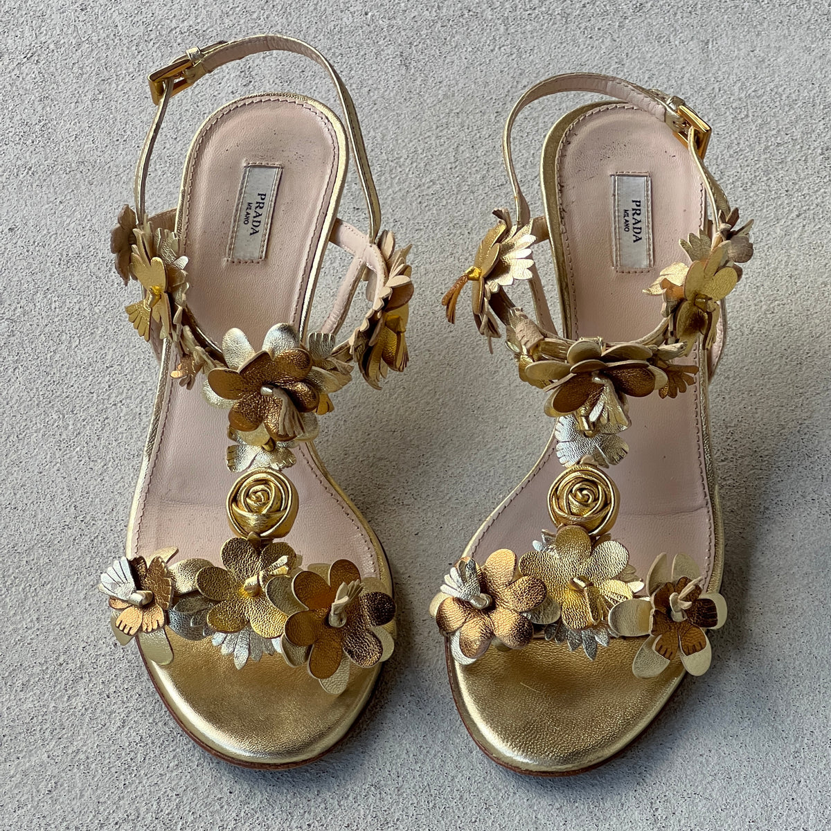 Prada | 2007 Silk Garden Archival Gold Metallic Leather Flower Applique Sandal Heels (35.5)
