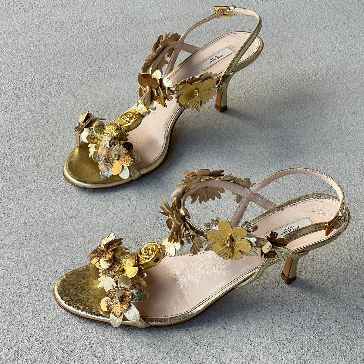 Prada | 2007 Silk Garden Archival Gold Metallic Leather Flower Applique Sandal Heels (35.5)