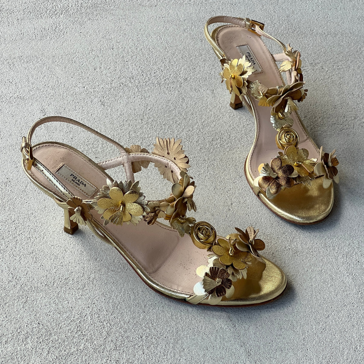 Prada | 2007 Silk Garden Archival Gold Metallic Leather Flower Applique Sandal Heels (35.5)