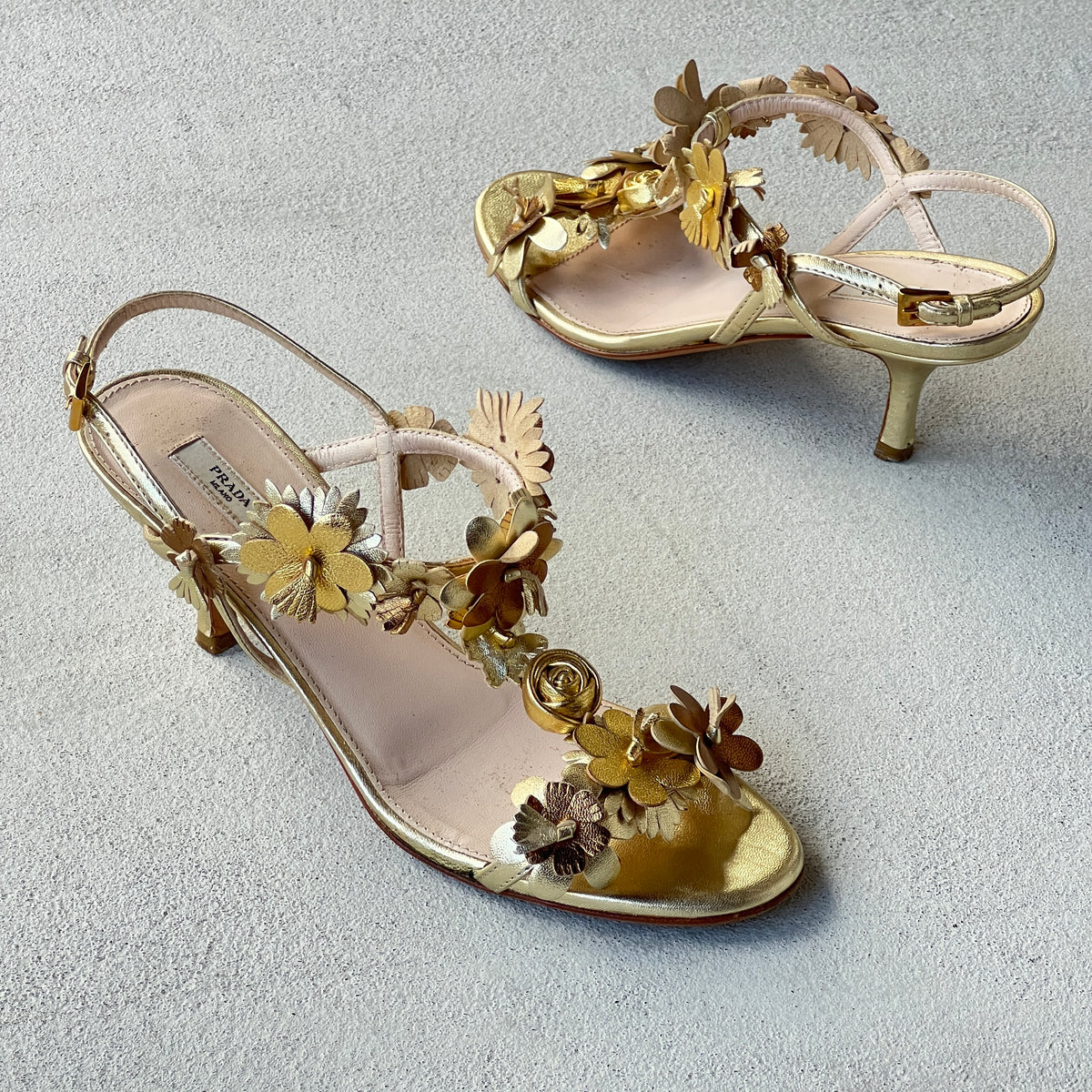 Prada | 2007 Silk Garden Archival Gold Metallic Leather Flower Applique Sandal Heels (35.5)