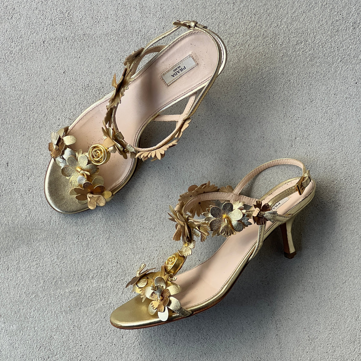 Prada | 2007 Silk Garden Archival Gold Metallic Leather Flower Applique Sandal Heels (35.5)