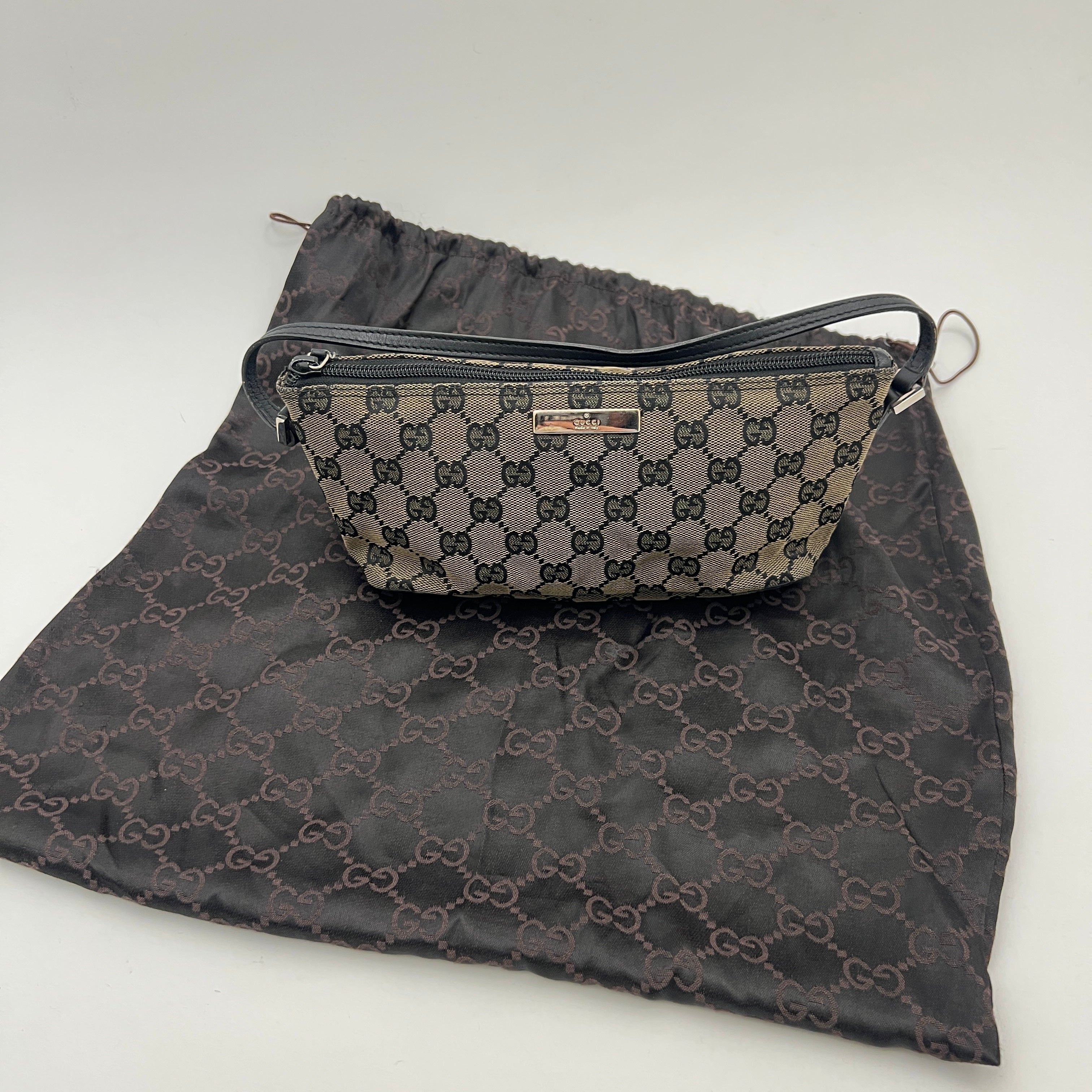 Gucci | Tom Ford Era Boat Pochette GG Monogram Canvas Brown Black Leather Bag