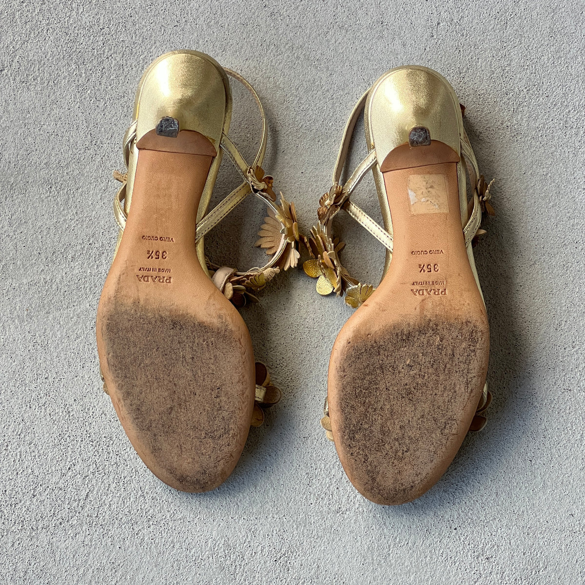 Prada | 2007 Silk Garden Archival Gold Metallic Leather Flower Applique Sandal Heels (35.5)