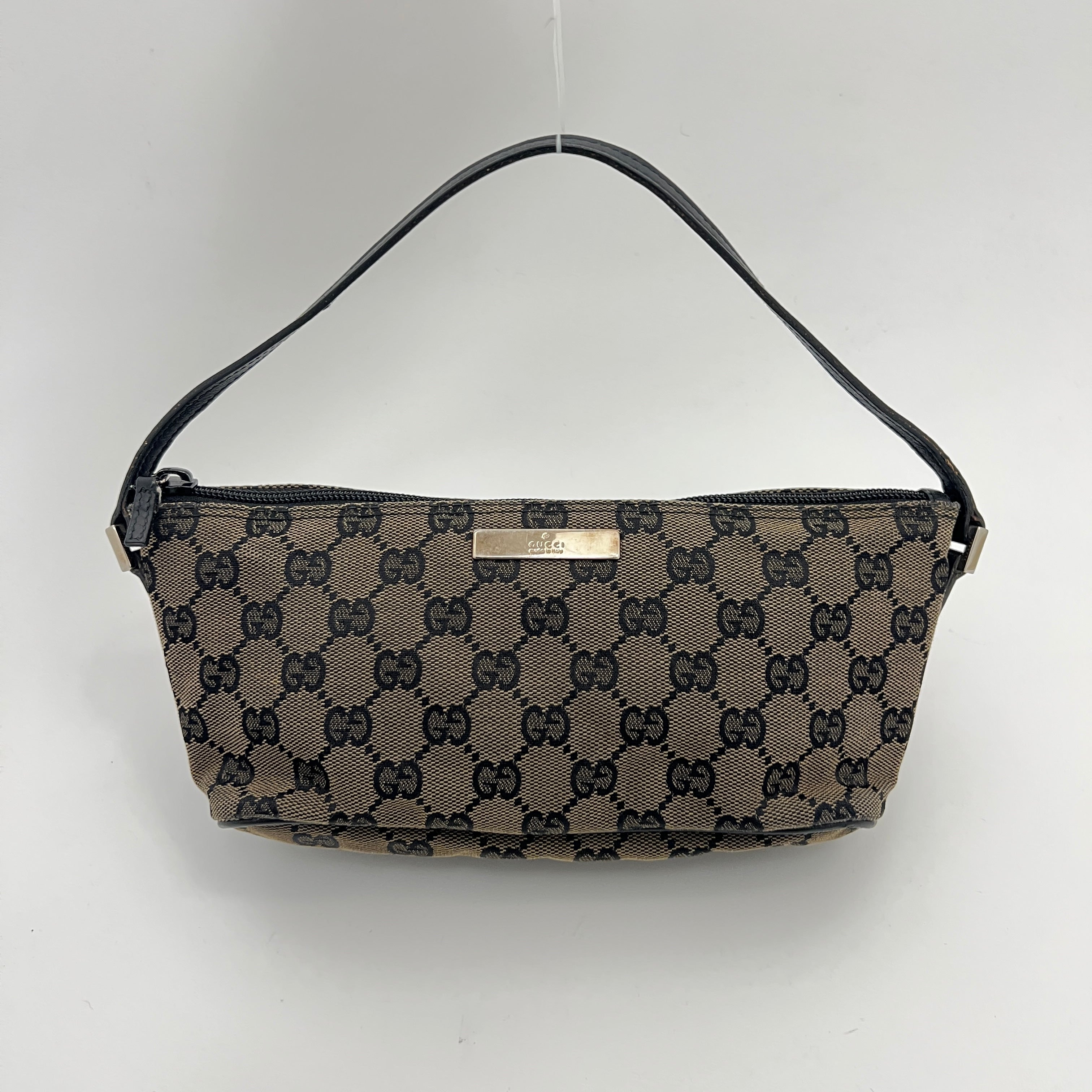 Gucci | Tom Ford Era Boat Pochette GG Monogram Canvas Brown Black Leather Bag
