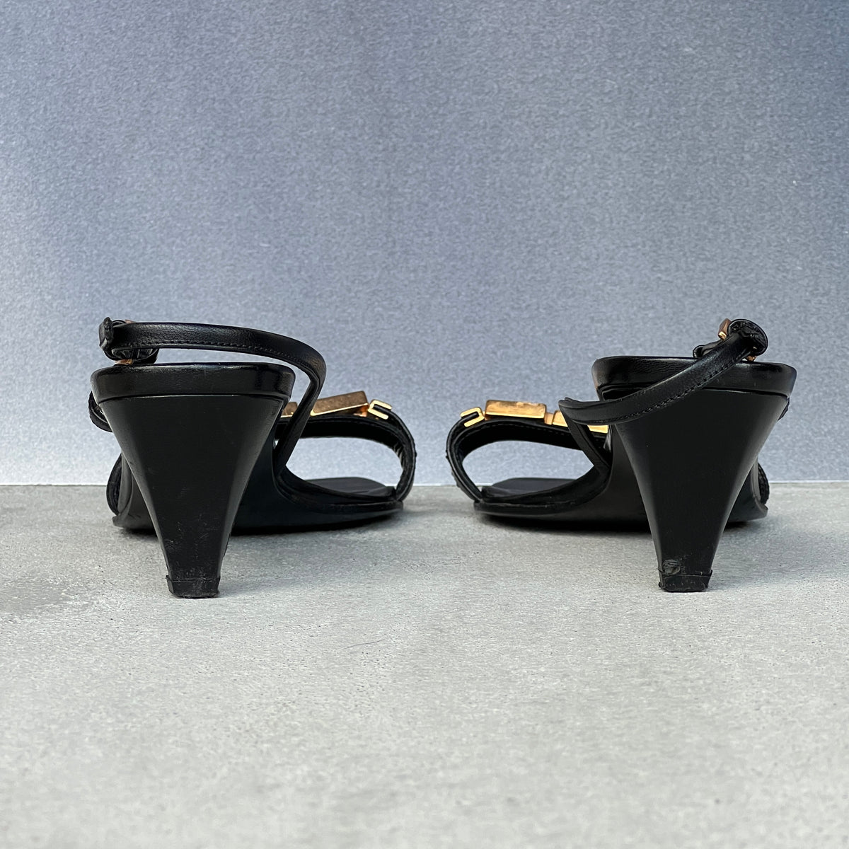 Prada | Vintage Black Leather Gold Logo Chain Slingback Kitten Sandal Heels (36)