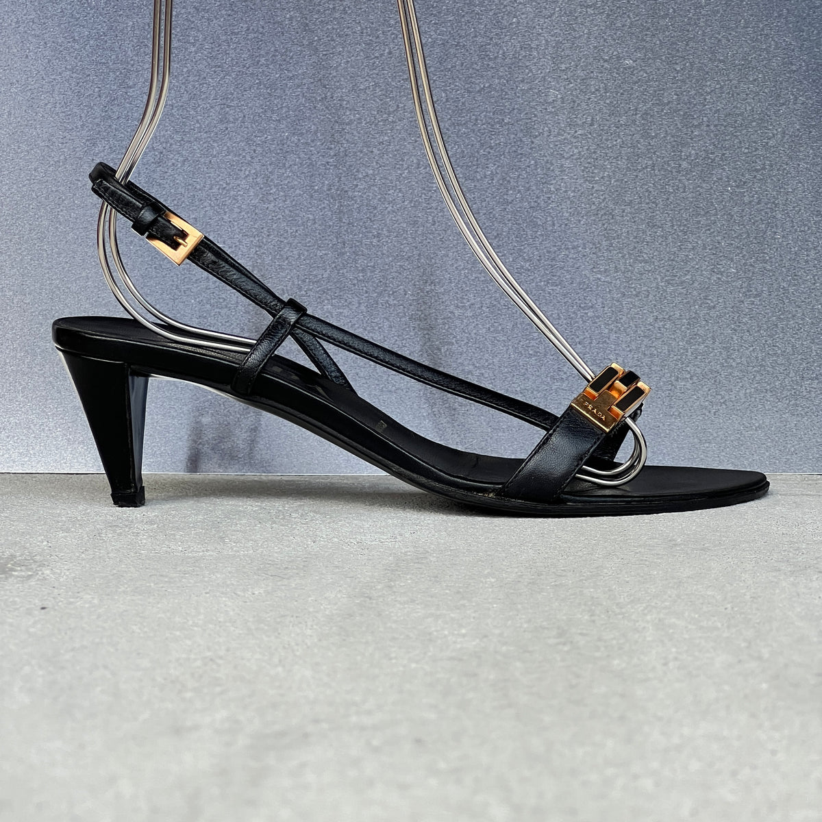 Prada | Vintage Black Leather Gold Logo Chain Slingback Kitten Sandal Heels (36)