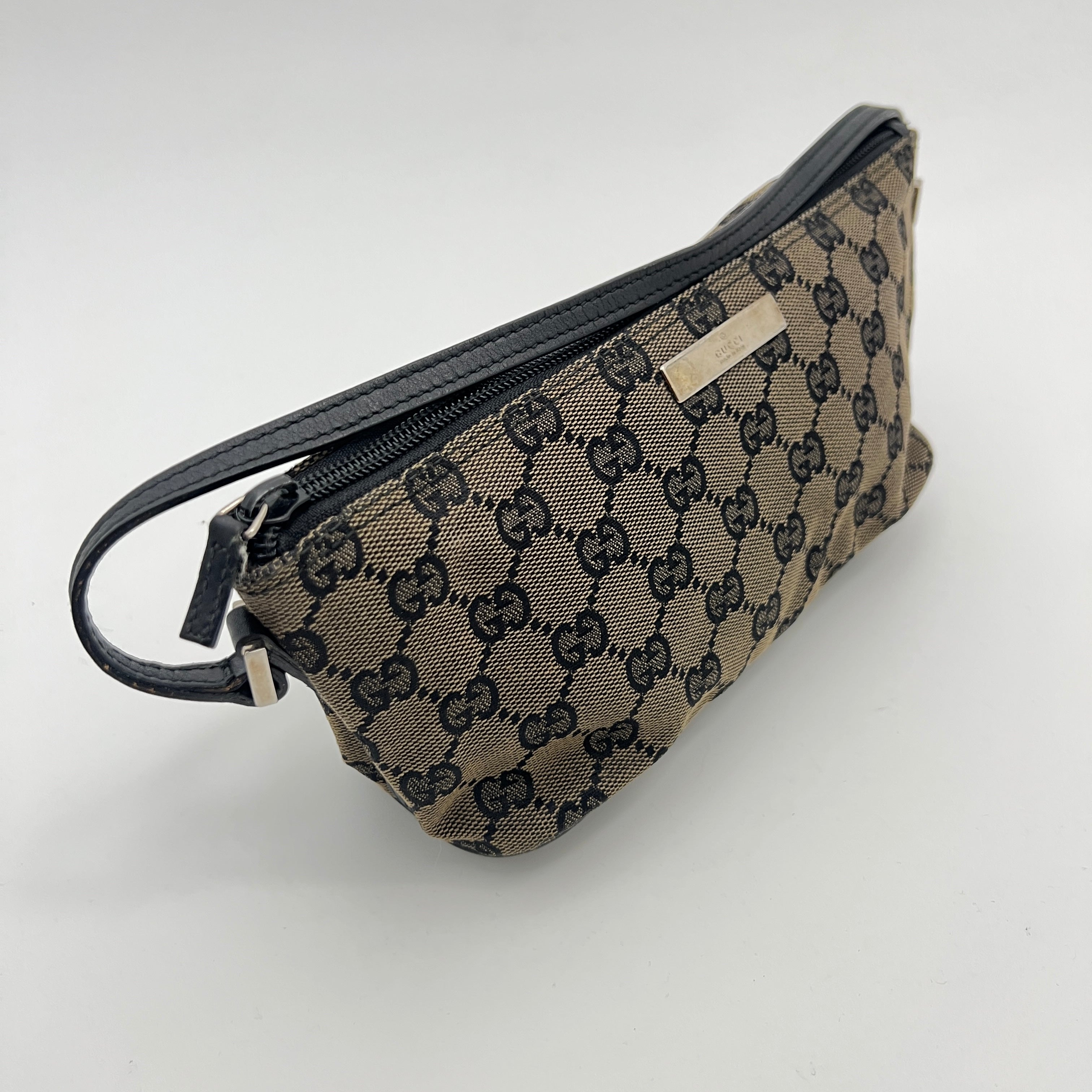 Gucci | Tom Ford Era Boat Pochette GG Monogram Canvas Brown Black Leather Bag