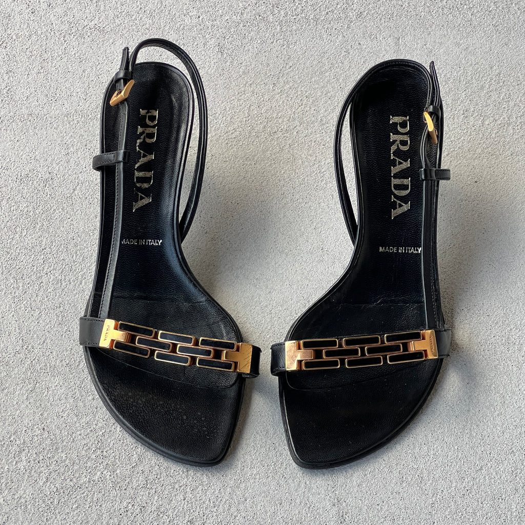 Prada | Vintage Black Leather Gold Logo Chain Slingback Kitten Sandal Heels (36)
