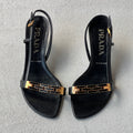 Prada | Vintage Black Leather Gold Logo Chain Slingback Kitten Sandal Heels (36)