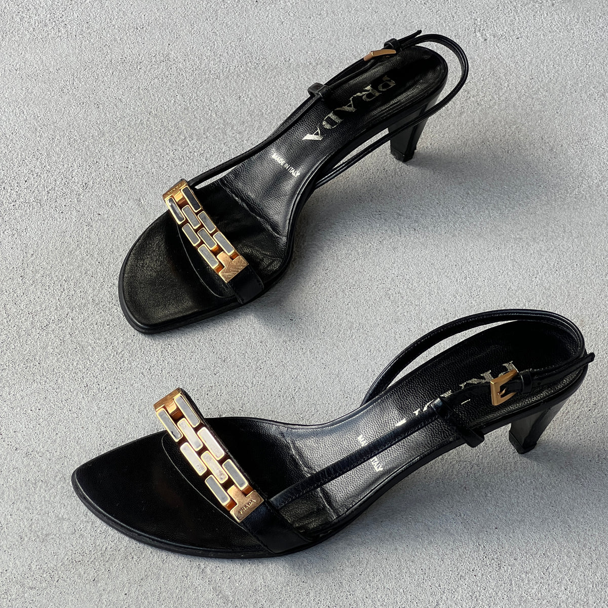 Prada | Vintage Black Leather Gold Logo Chain Slingback Kitten Sandal Heels (36)