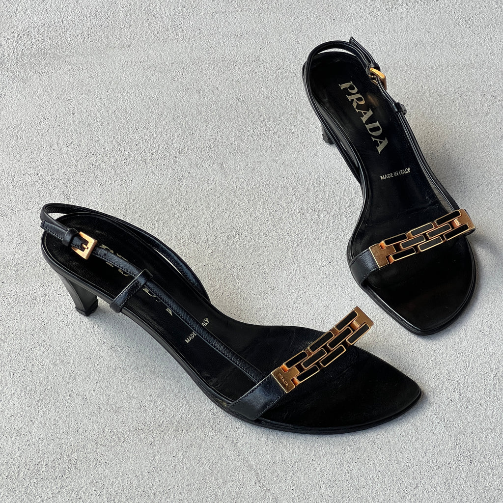 Prada | Vintage Black Leather Gold Logo Chain Slingback Kitten Sandal Heels (36)