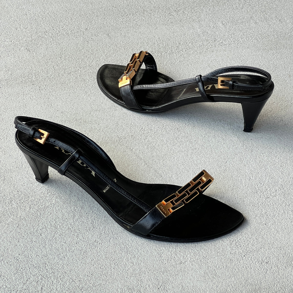 Prada | Vintage Black Leather Gold Logo Chain Slingback Kitten Sandal Heels (36)