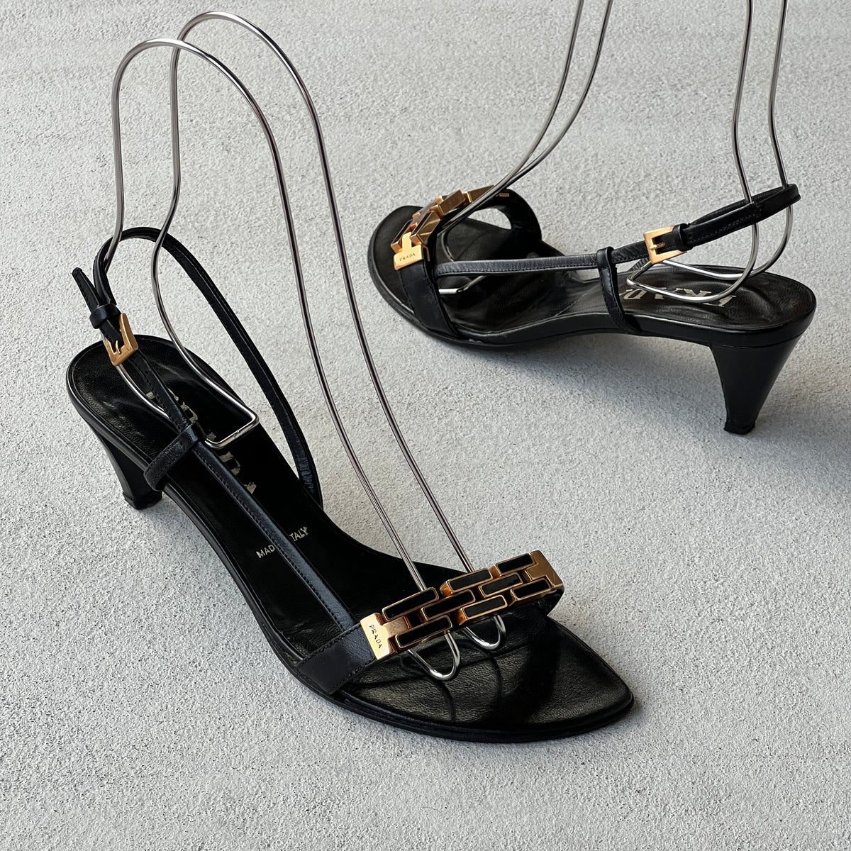 Prada | Vintage Black Leather Gold Logo Chain Slingback Kitten Sandal Heels (36)