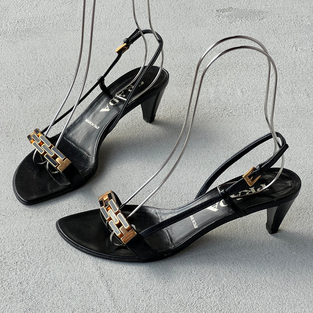 Prada | Vintage Black Leather Gold Logo Chain Slingback Kitten Sandal Heels (36)