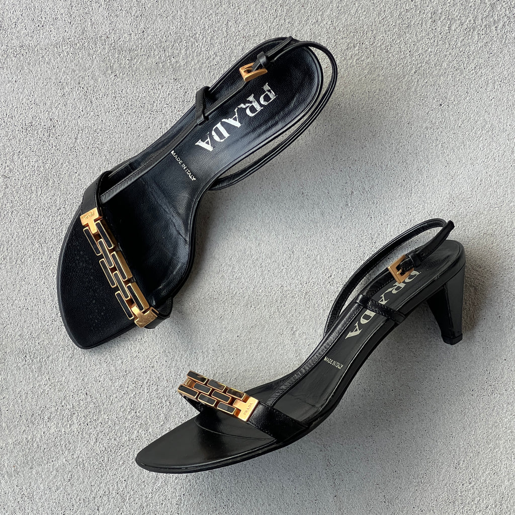 Prada | Vintage Black Leather Gold Logo Chain Slingback Kitten Sandal Heels (36)