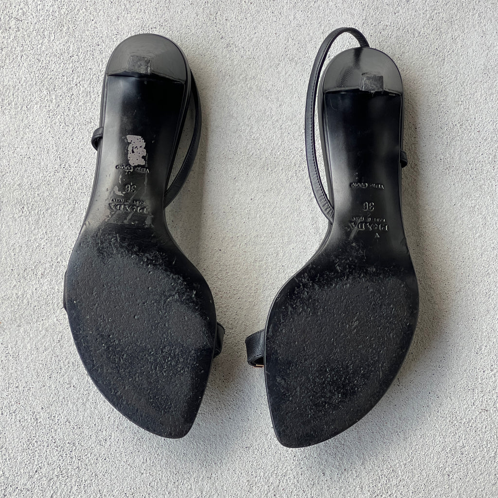 Prada | Vintage Black Leather Gold Logo Chain Slingback Kitten Sandal Heels (36)
