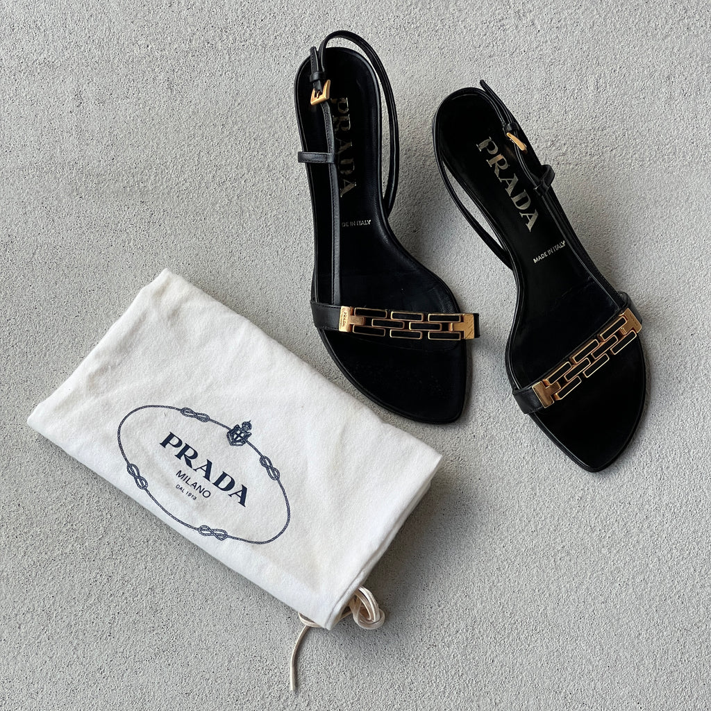 Prada | Vintage Black Leather Gold Logo Chain Slingback Kitten Sandal Heels (36)