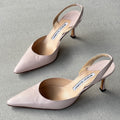 Manolo Blahnik | Carolyne Baby Pink Leather Pointed Toe Slingback Heels (37.5)