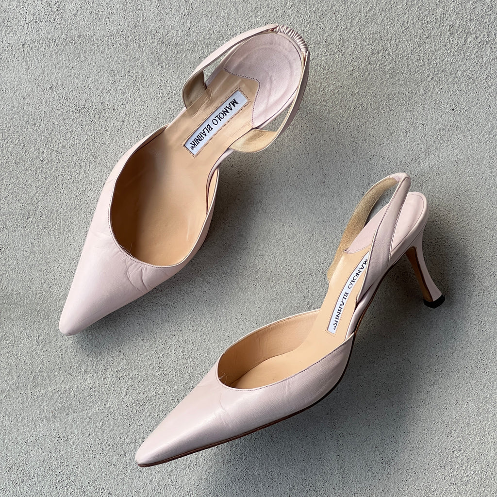 Manolo Blahnik | Carolyne Baby Pink Leather Pointed Toe Slingback Heels (37.5)