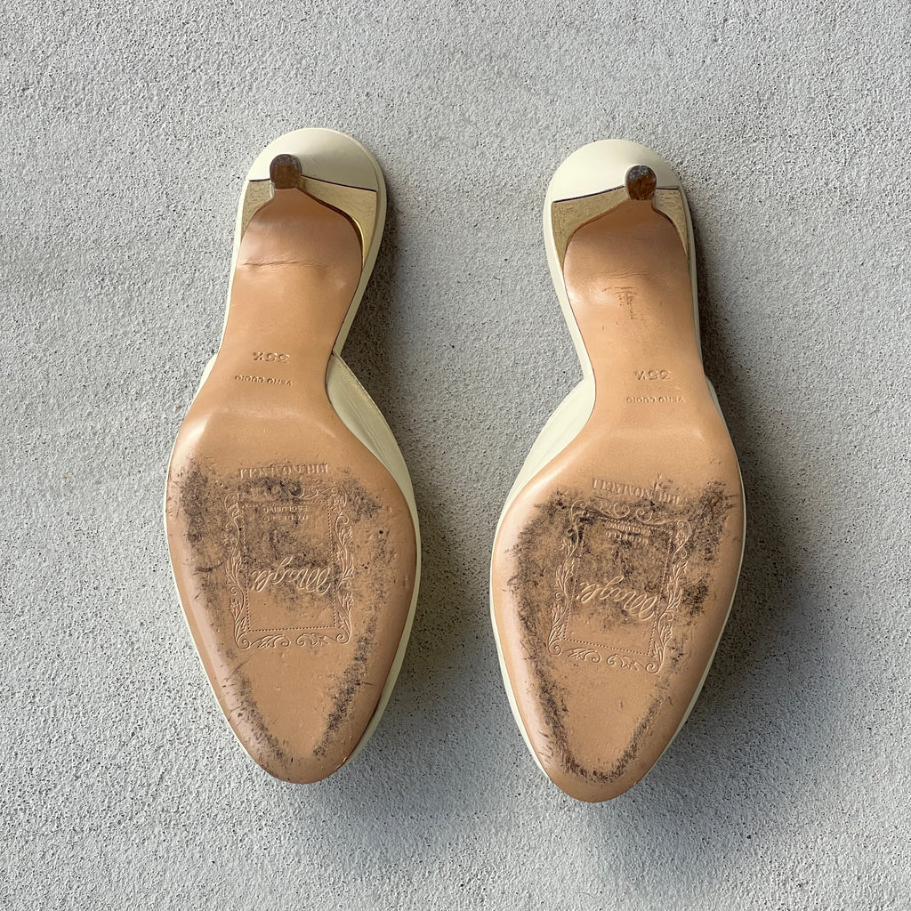 Bruno Magli | White Leather Bow Gold Metallic Heel Slide Mules (35.5)