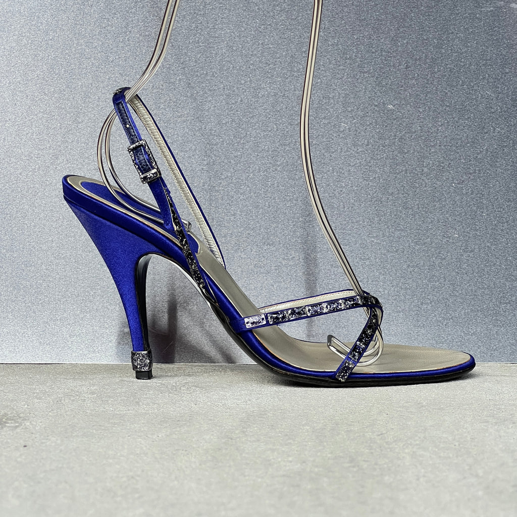 Gucci | Royal Blue Satin Gem Criss Cross Strap Sandal Slingback Heels (36.5)