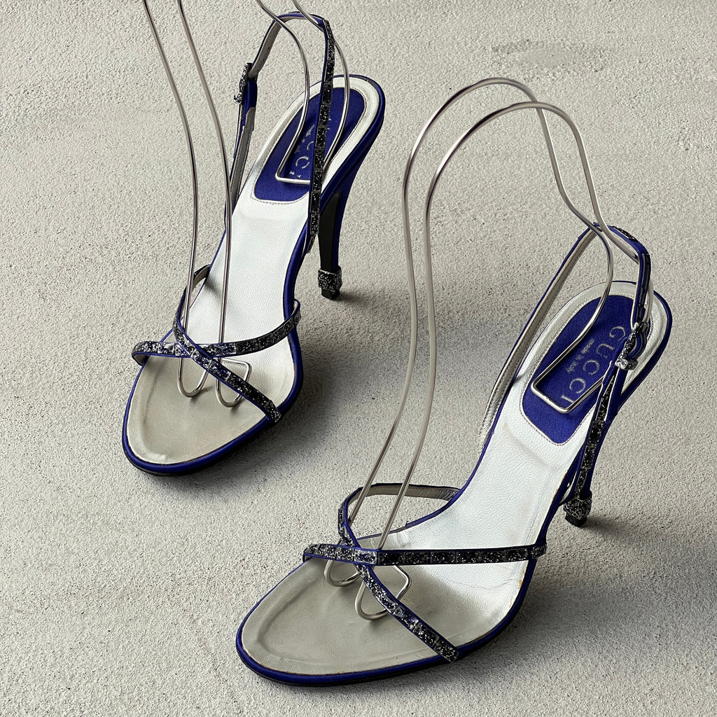 Gucci | Royal Blue Satin Gem Criss Cross Strap Sandal Slingback Heels (36.5)
