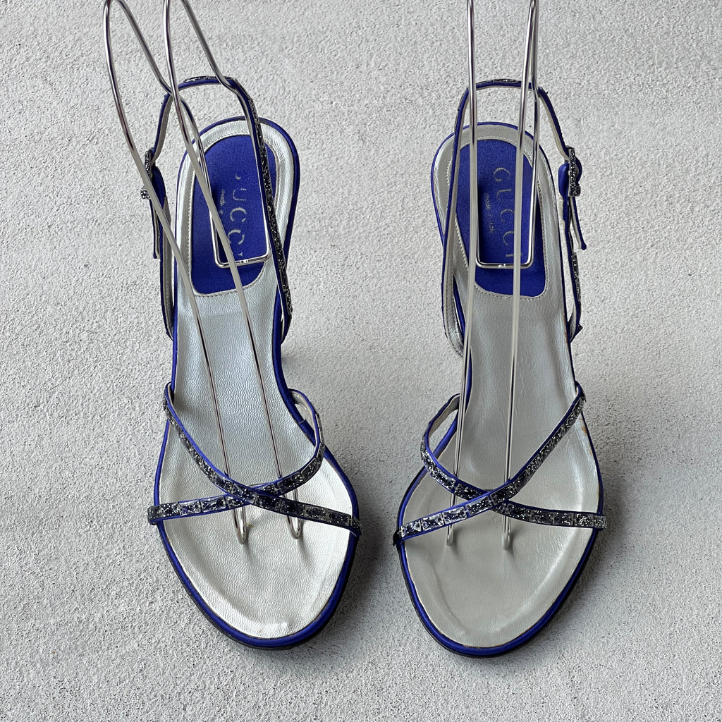 Gucci | Royal Blue Satin Gem Criss Cross Strap Sandal Slingback Heels (36.5)