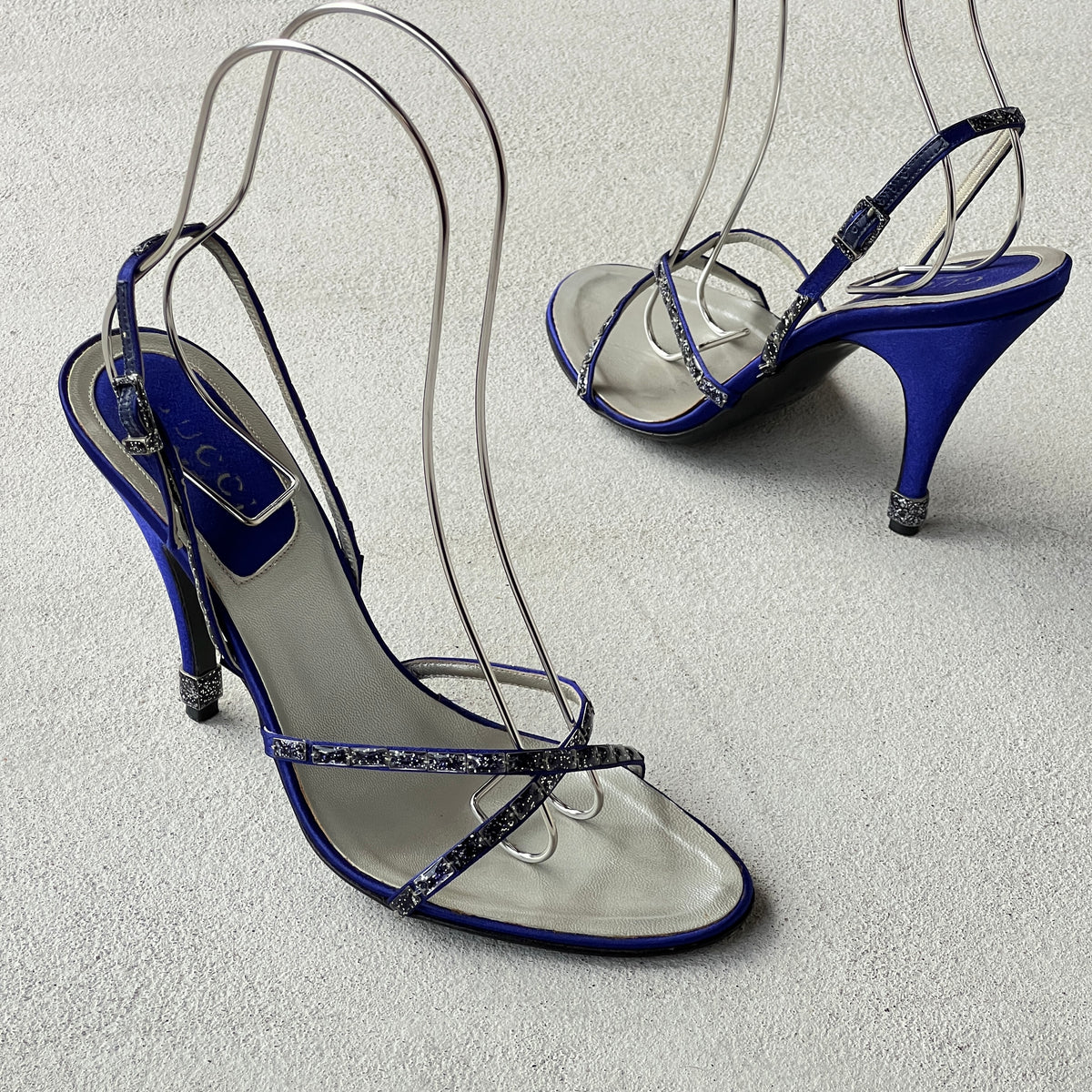 Gucci | Royal Blue Satin Gem Criss Cross Strap Sandal Slingback Heels (36.5)