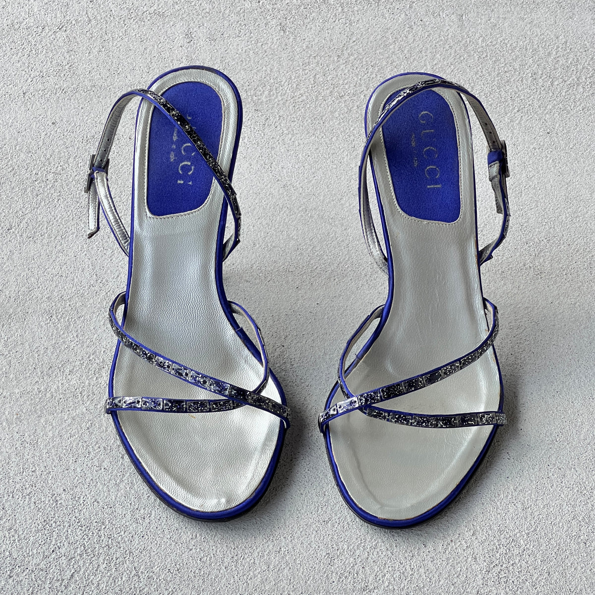 Gucci | Royal Blue Satin Gem Criss Cross Strap Sandal Slingback Heels (36.5)