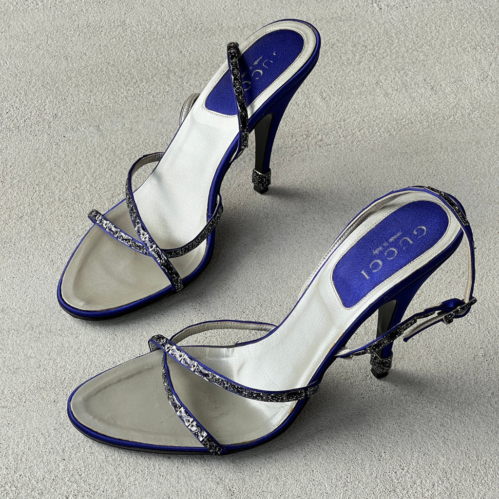 Gucci | Royal Blue Satin Gem Criss Cross Strap Sandal Slingback Heels (36.5)