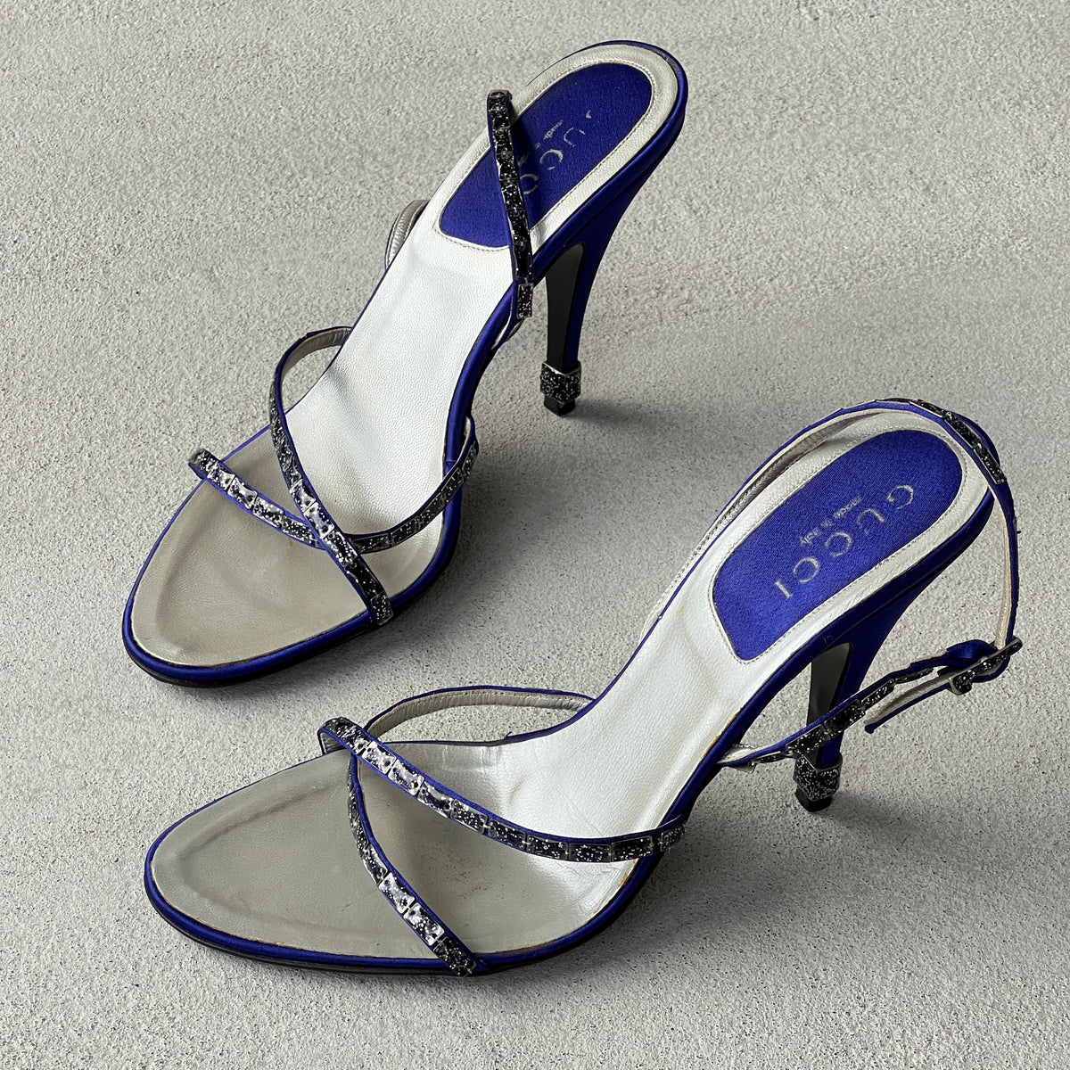 Gucci | Royal Blue Satin Gem Criss Cross Strap Sandal Slingback Heels (36.5)