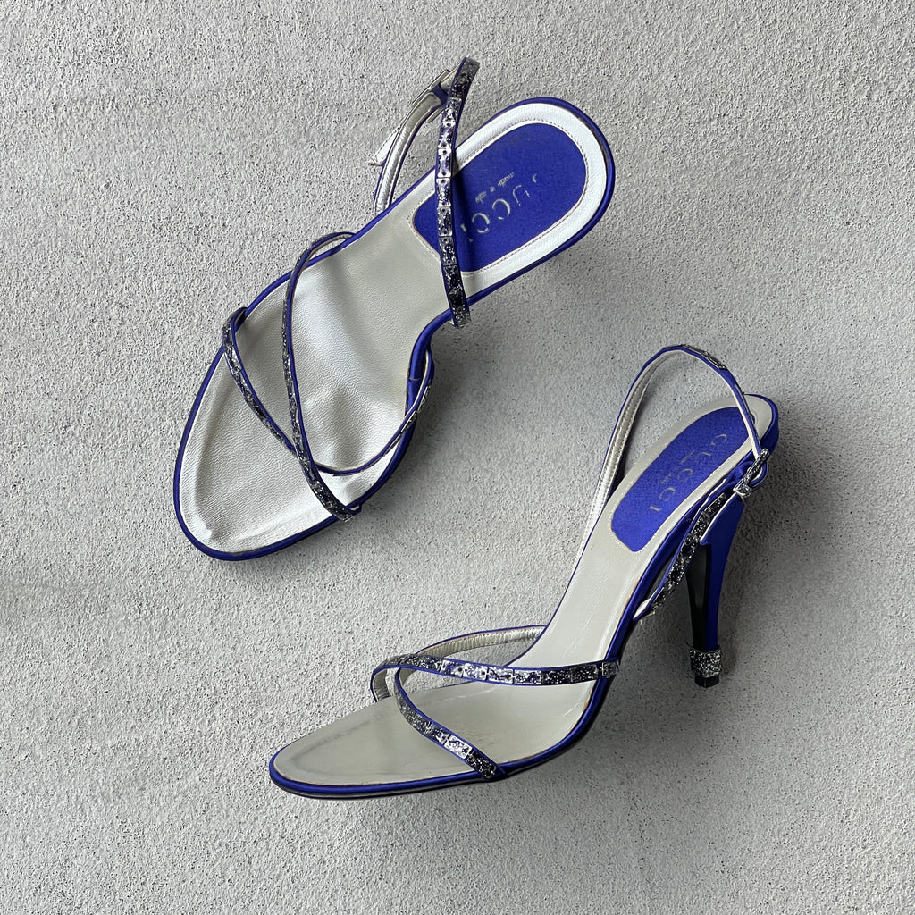 Gucci | Royal Blue Satin Gem Criss Cross Strap Sandal Slingback Heels (36.5)