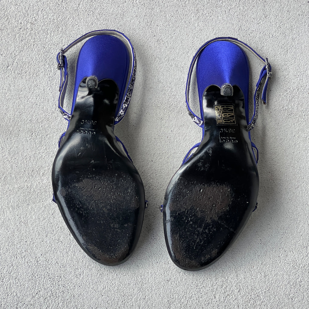 Gucci | Royal Blue Satin Gem Criss Cross Strap Sandal Slingback Heels (36.5)