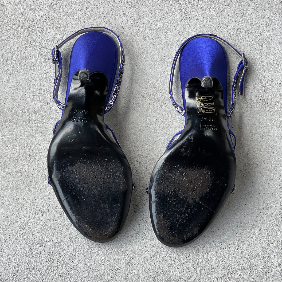 Gucci | Royal Blue Satin Gem Criss Cross Strap Sandal Slingback Heels (36.5)