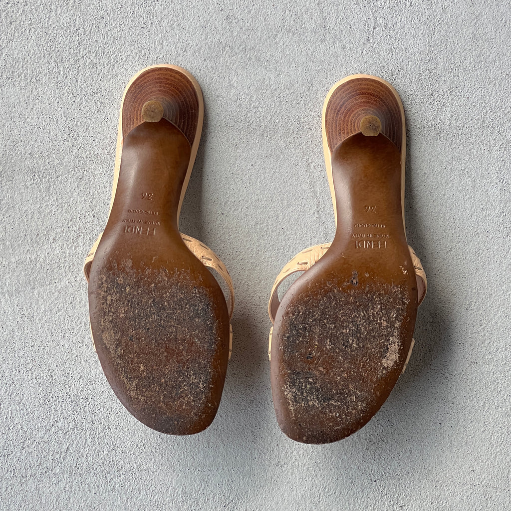Fendi | Selleria Tan Peach Leather Silver Logo Plate Slide Mules (36)