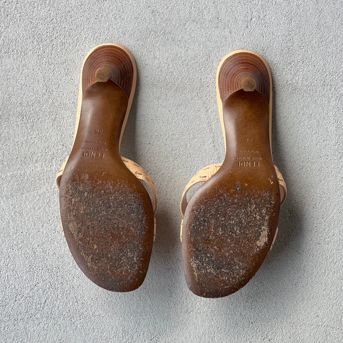 Fendi | Selleria Tan Peach Leather Silver Logo Plate Slide Mules (36)